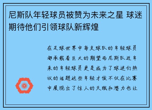 尼斯队年轻球员被赞为未来之星 球迷期待他们引领球队新辉煌